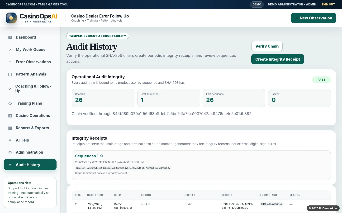 Operational audit history and integrity receipt screen