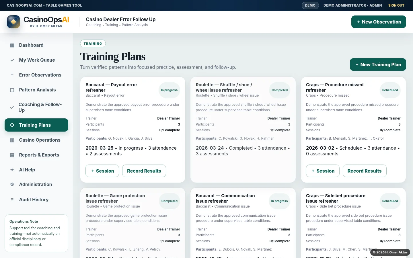 Training plans for dealer procedure and game-specific improvement