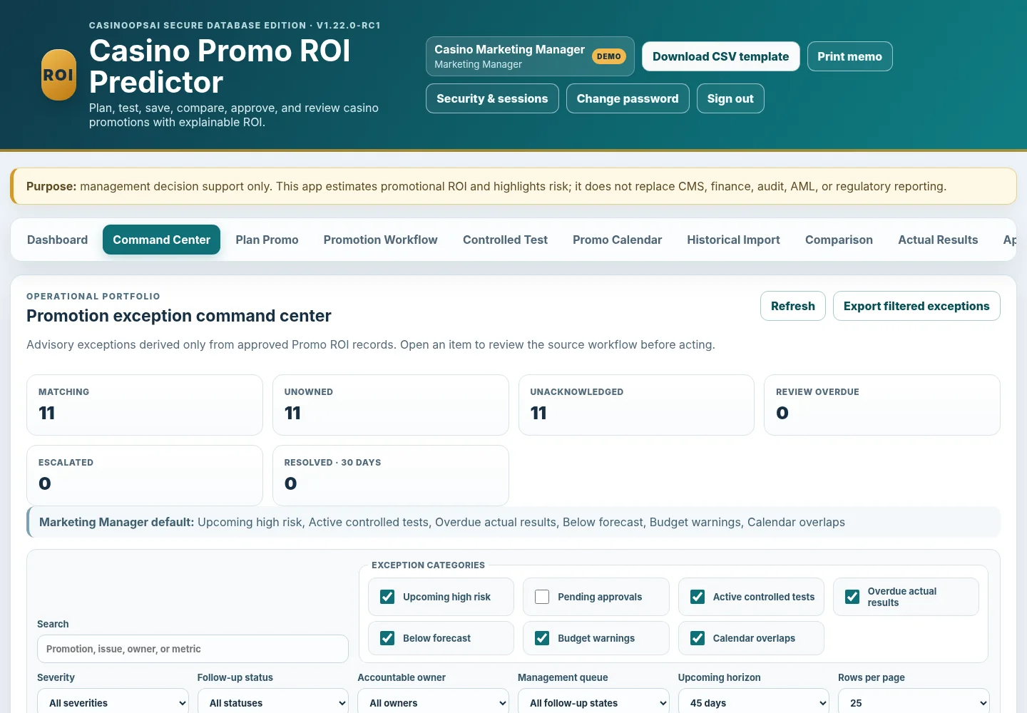 Promotion exception command center with severity filters, saved views, follow-up status and ownership